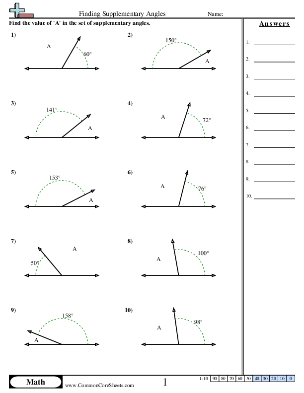 7.g.5 Worksheets - Finding Supplementary Angles worksheet